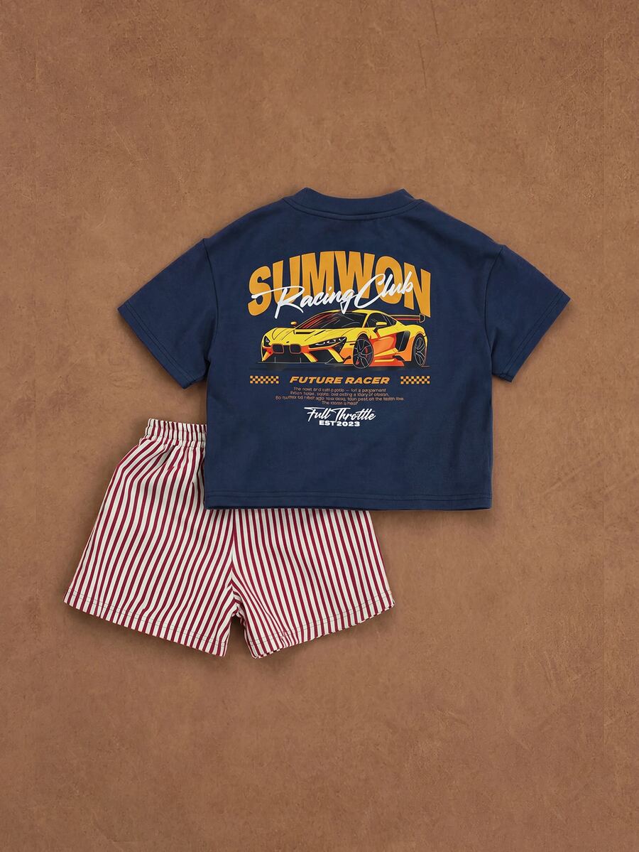 SUMWON Kids Racing Car Graphic Tee And Striped Shorts Two-Piece Set Summer Casual Outfit Racing Club Future Racer Print - Multicolor - View 1