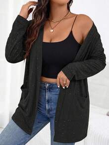 SHEIN Essnce Plus Size Glitter Casual Jacket For Holiday Party Outfit Fall - Black - View 4