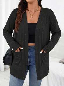SHEIN Essnce Plus Size Glitter Casual Jacket For Holiday Party Outfit Fall - Black - View 5