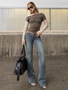 BiaLiraa Low-Waist Fashionable Washed Flare Jeans Casual - Dark Wash - View 4