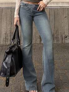 BiaLiraa Low-Waist Fashionable Washed Flare Jeans Casual - Dark Wash - View 8