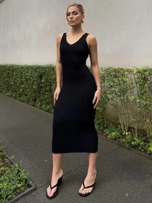 BiaLiraa 女士毛衣裙 细肩带露背紧身中长连衣裙 - 黑色 - 查看 4