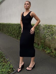BiaLiraa 女士毛衣裙 细肩带露背紧身中长连衣裙 - 黑色 - 查看 3