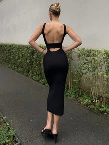 BiaLiraa 女士毛衣裙 细肩带露背紧身中长连衣裙 - 黑色 - 查看 2