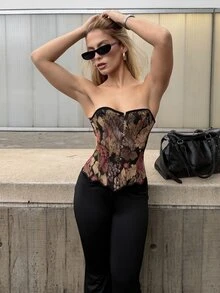 BiaLiraa 女款中世紀復古花卉圖案束胸收腰上衣 Y2K 度假風 - 彩色 - 查看 6
