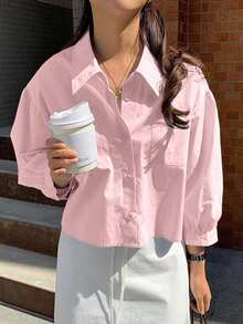 Jouncy Loose Short Drop Shoulder Summer Front Button Long Sleeve Shirt - Pink - View 4