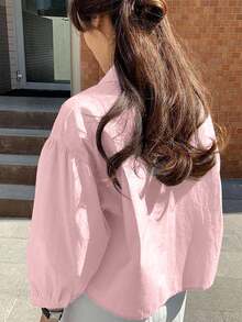 Jouncy Loose Short Drop Shoulder Summer Front Button Long Sleeve Shirt - Pink - View 2