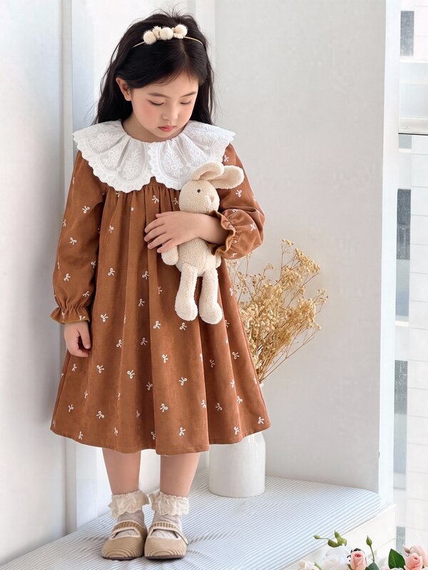 SHEIN Vintaside Kids Girls Vintage Elegant Big Collar Patchwork Embroidered Lace Bow Full Print Long Sleeve Dress, Sweet Cute Style, Autumn/Winter, Outdoor, School, Long Dress