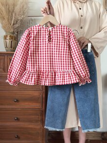 SHEIN Elladie kids 甜美鄉村風秋季女童幼兒蝴蝶結黃色提花長袖上衣與3D花朵裝飾牛仔褲2件套，適合日常外出 - 紅色 - 查看 2