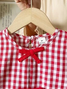 SHEIN Elladie kids 甜美鄉村風秋季女童幼兒蝴蝶結黃色提花長袖上衣與3D花朵裝飾牛仔褲2件套，適合日常外出 - 紅色 - 查看 6