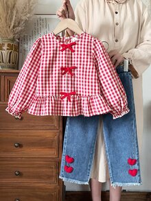 SHEIN Elladie kids 甜美鄉村風秋季女童幼兒蝴蝶結黃色提花長袖上衣與3D花朵裝飾牛仔褲2件套，適合日常外出 - 紅色 - 查看 3