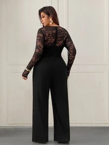 Femmeverse Plus Size Women's Fashion Sexy V-Neck Lace Patchwork Solid Color Jumpsuit Fall - Black - View 2