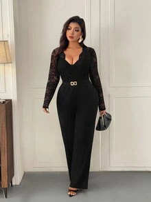 Femmeverse Plus Size Women's Fashion Sexy V-Neck Lace Patchwork Solid Color Jumpsuit Fall - Black - View 7