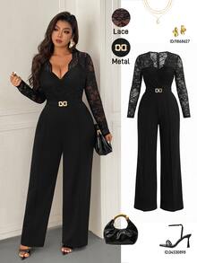 Femmeverse Plus Size Women's Fashion Sexy V-Neck Lace Patchwork Solid Color Jumpsuit Fall - Black - View 1