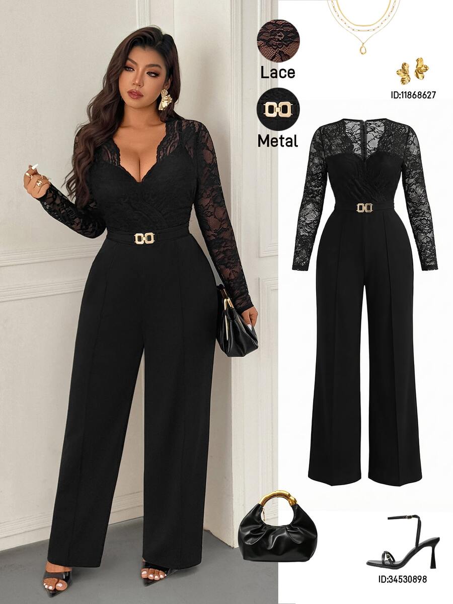 Femmeverse Plus Size Women's Fashion Sexy V-Neck Lace Patchwork Solid Color Jumpsuit Fall - Black - View 1