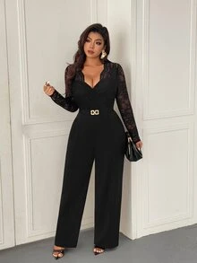 Femmeverse Plus Size Women's Fashion Sexy V-Neck Lace Patchwork Solid Color Jumpsuit Fall - Black - View 4