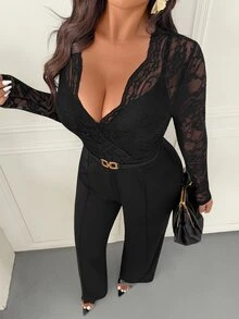 Femmeverse Plus Size Women's Fashion Sexy V-Neck Lace Patchwork Solid Color Jumpsuit Fall - Black - View 6