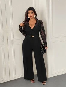 Femmeverse Plus Size Women's Fashion Sexy V-Neck Lace Patchwork Solid Color Jumpsuit Fall - Black - View 5