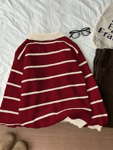 Flirla Women's Casual Red & White Striped Thick Knit Turtleneck Sweater, Autumn/Winter - Multicolor - View 2