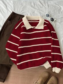 Flirla Women's Casual Red & White Striped Thick Knit Turtleneck Sweater, Autumn/Winter - Multicolor - View 1