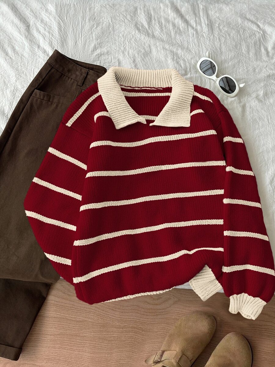 Flirla Women's Casual Red & White Striped Thick Knit Turtleneck Sweater, Autumn/Winter - Multicolor - View 1