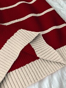 Flirla Women's Casual Red & White Striped Thick Knit Turtleneck Sweater, Autumn/Winter - Multicolor - View 4