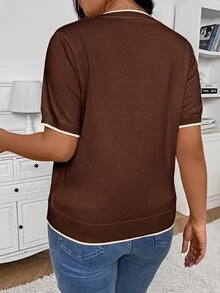 Lounesse Plus Size French Casual Minimalist Colorblock Trim Knit Top, Summer New Arrival, Brown Office Formal - Coffee Brown - View 2