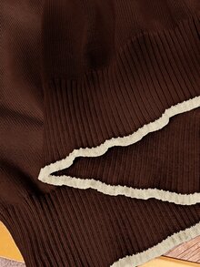 Lounesse Plus Size French Casual Minimalist Colorblock Trim Knit Top, Summer New Arrival, Brown Office Formal - Coffee Brown - View 4