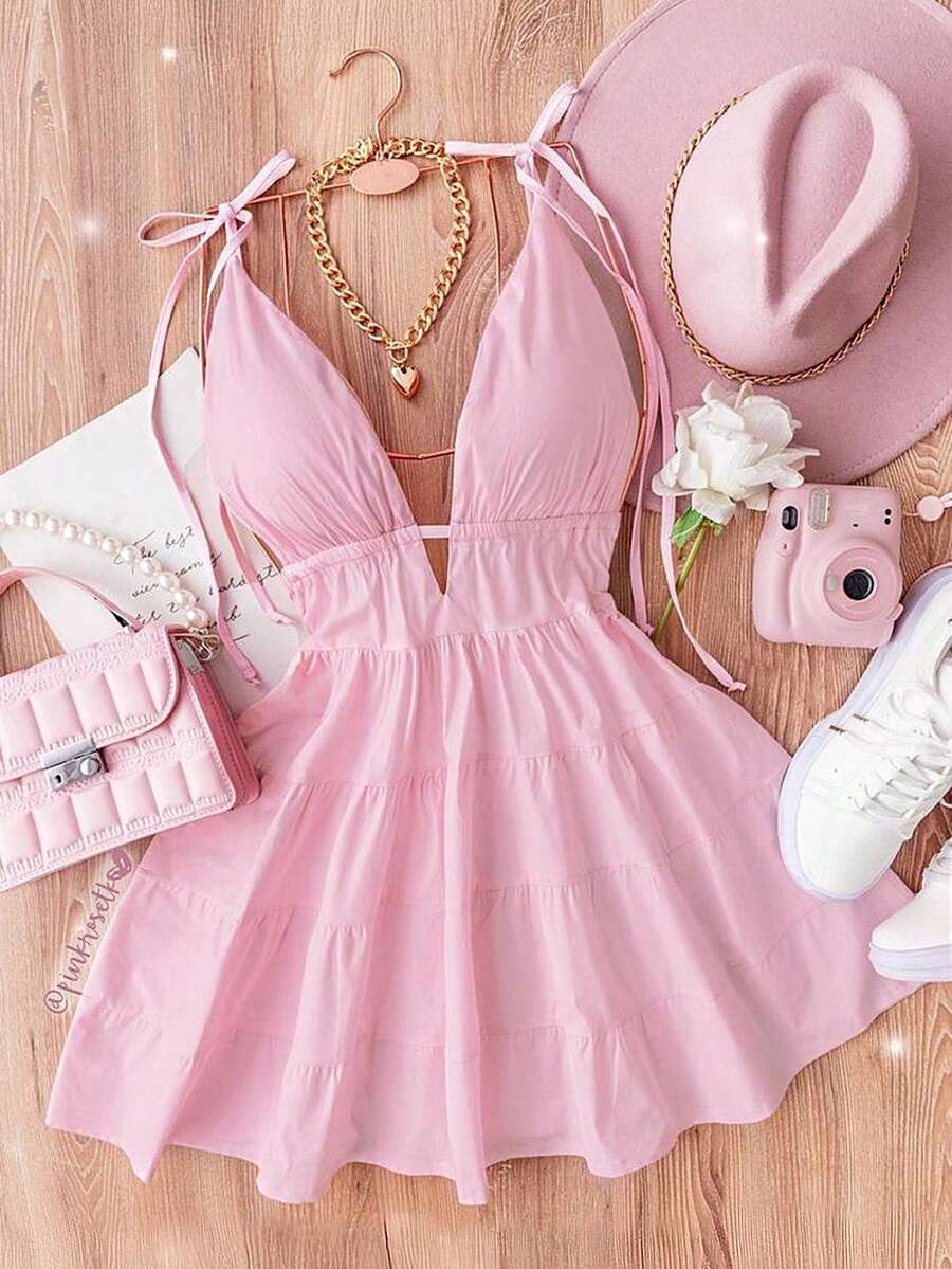 GlowEve Women's Solid Color V-Neck Tie Strap Sleeveless Fashionable Ruffle Hem Dress - Pink - View 1
