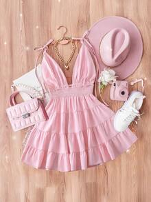 GlowEve Women's Solid Color V-Neck Tie Strap Sleeveless Fashionable Ruffle Hem Dress - Pink - View 2