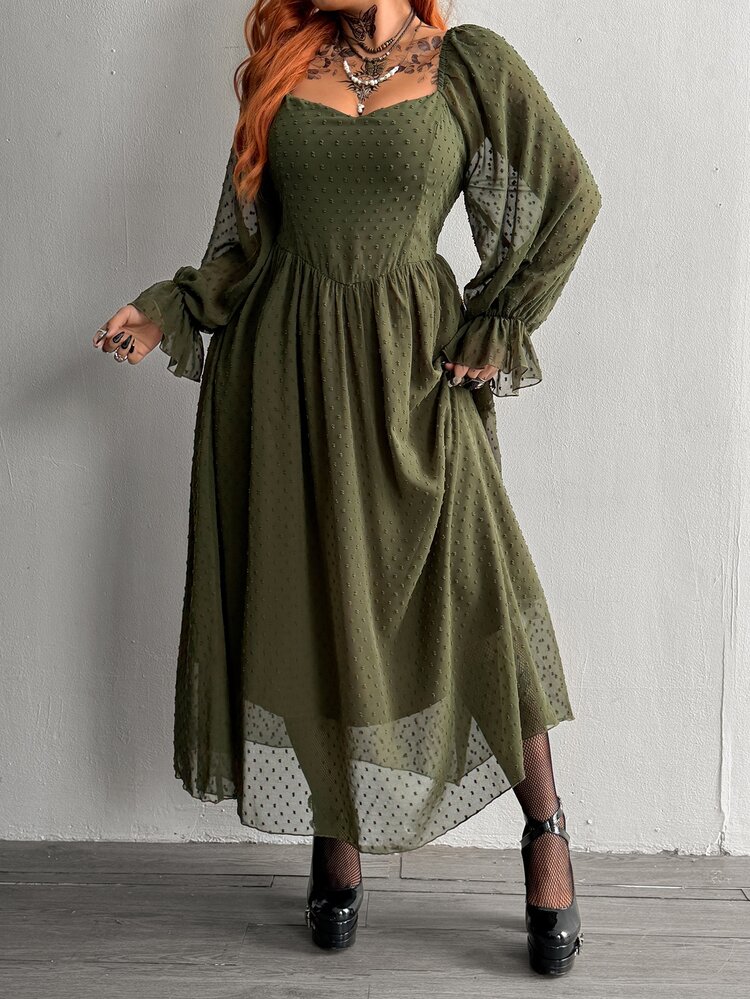 Whyspr Halloween Cottage Punk Goth Plus Size Floral Chiffon Long Sleeve Maxi Dress - Green - View 3