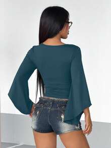 StreetHx Deep V-Neck Beaded Trim Flared Sleeve Sexy T-Shirt Club Night Out Dark Teal Autumn - Teal Blue - View 2