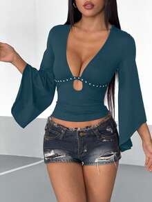 StreetHx Deep V-Neck Beaded Trim Flared Sleeve Sexy T-Shirt Club Night Out Dark Teal Autumn - Teal Blue - View 3