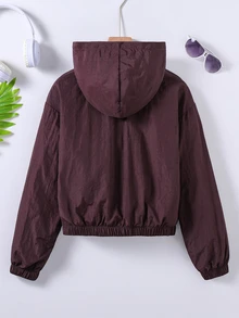 SHEIN 青少年女孩返校休閒時尚黑色長袖夾克，梭織布料連帽短版秋季外套 - 棕色 - 查看 2