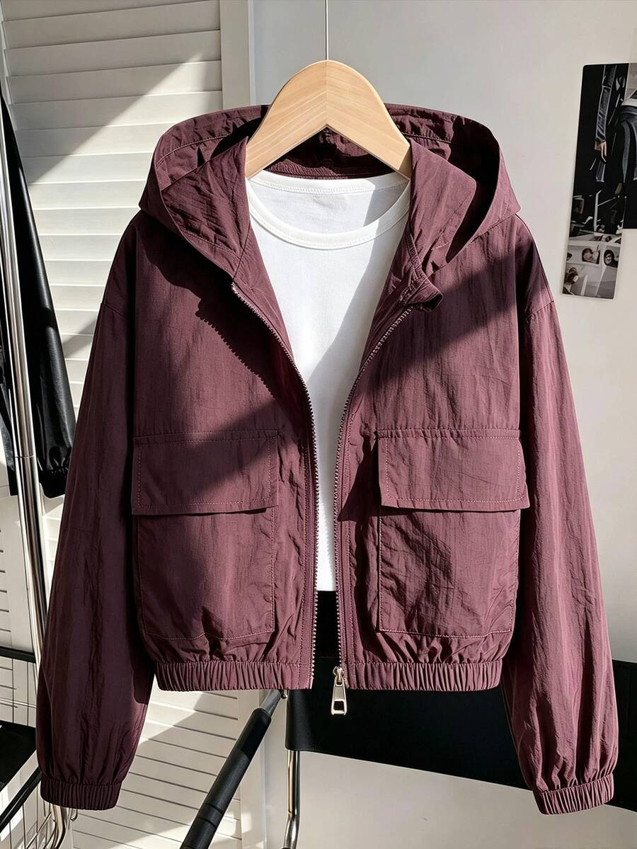 SHEIN 青少年女孩返校休閒時尚黑色長袖夾克,梭織布料連帽短版秋季外套 - 棕色 - 查看 1