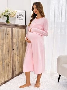 Slowluna 孕婦時尚鈕扣半開襟蕾絲拼接長袖洋裝 - 粉色 - 查看 9