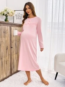 Slowluna 孕婦時尚鈕扣半開襟蕾絲拼接長袖洋裝 - 粉色 - 查看 6