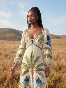 CAJUNI Gaun Liburan Wanita Lengan Panjang Motif Tanaman Tropis dengan Ikatan Depan, Cocok untuk Piknik, Makan Siang, Warna Beige, Musim Gugur, Tropis, dan Boho - Putih - View 4