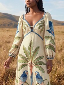 CAJUNI Gaun Liburan Wanita Lengan Panjang Motif Tanaman Tropis dengan Ikatan Depan, Cocok untuk Piknik, Makan Siang, Warna Beige, Musim Gugur, Tropis, dan Boho - Putih - View 6