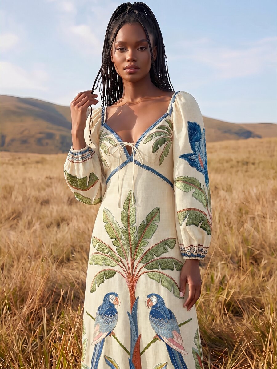 CAJUNI Gaun Liburan Wanita Lengan Panjang Motif Tanaman Tropis dengan Ikatan Depan, Cocok untuk Piknik, Makan Siang, Warna Beige, Musim Gugur, Tropis, dan Boho - Putih - View 1
