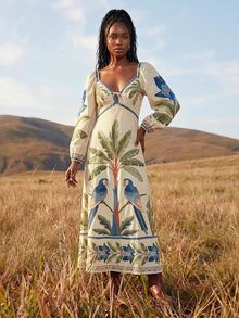 CAJUNI Gaun Liburan Wanita Lengan Panjang Motif Tanaman Tropis dengan Ikatan Depan, Cocok untuk Piknik, Makan Siang, Warna Beige, Musim Gugur, Tropis, dan Boho - Putih - View 5