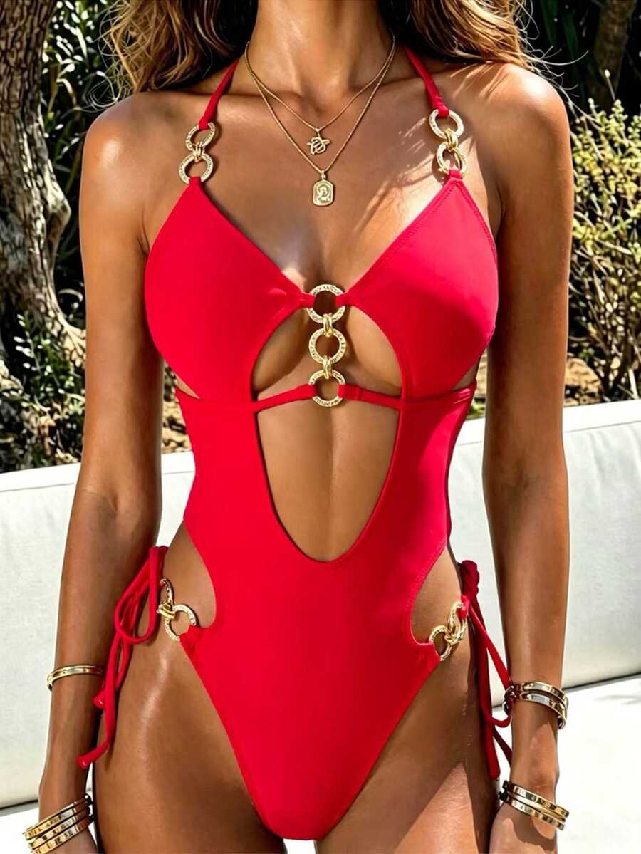 SHEIN Swim 歐美女款金屬鏈條鏤空一件式純色比基尼 - 紅色 - 查看 1