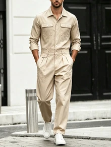 Manfinity Homme Men's Classic Beige Straight Leg Jumpsuit, Minimalist Relaxed Single-Breasted Lapel Casual One-Piece - Beige - View 5