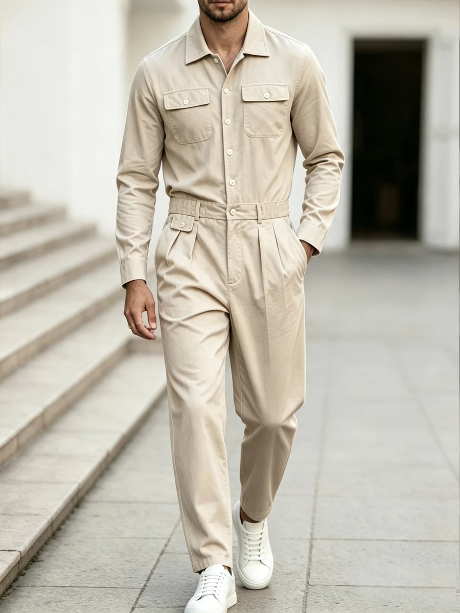 Manfinity Homme Men's Classic Beige Straight Leg Jumpsuit, Minimalist Relaxed Single-Breasted Lapel Casual One-Piece - Beige - View 1