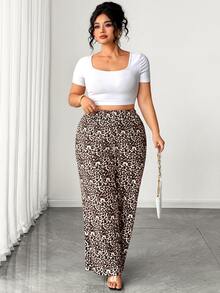 SHEIN PETITE CURVE 大尺碼豹紋收腰長款休閒度假女款長褲 秋季 - 彩色 - 查看 6