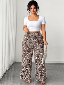 SHEIN PETITE CURVE 大尺碼豹紋收腰長款休閒度假女款長褲 秋季 - 彩色 - 查看 5