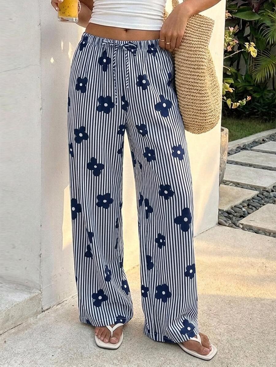 SHEIN Teen Girl Teen Girls Casual Minimalist Striped Floral Print Navy Blue Loose Long Pants, Suitable For Daily Casual Commuting, Vacation, Music Festival, Navy Blue Floral Print Long Pants - Navy Blue - View 1