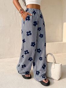 SHEIN Teen Girl Teen Girls Casual Minimalist Striped Floral Print Navy Blue Loose Long Pants, Suitable For Daily Casual Commuting, Vacation, Music Festival, Navy Blue Floral Print Long Pants - Navy Blue - View 4