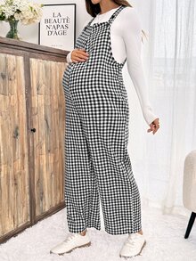 Slowluna Plaid Wide Leg Loose Casual Maternity Overalls - Black and White - View 5