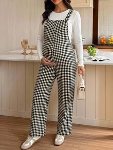 Slowluna Plaid Wide Leg Loose Casual Maternity Overalls - Black and White - View 11